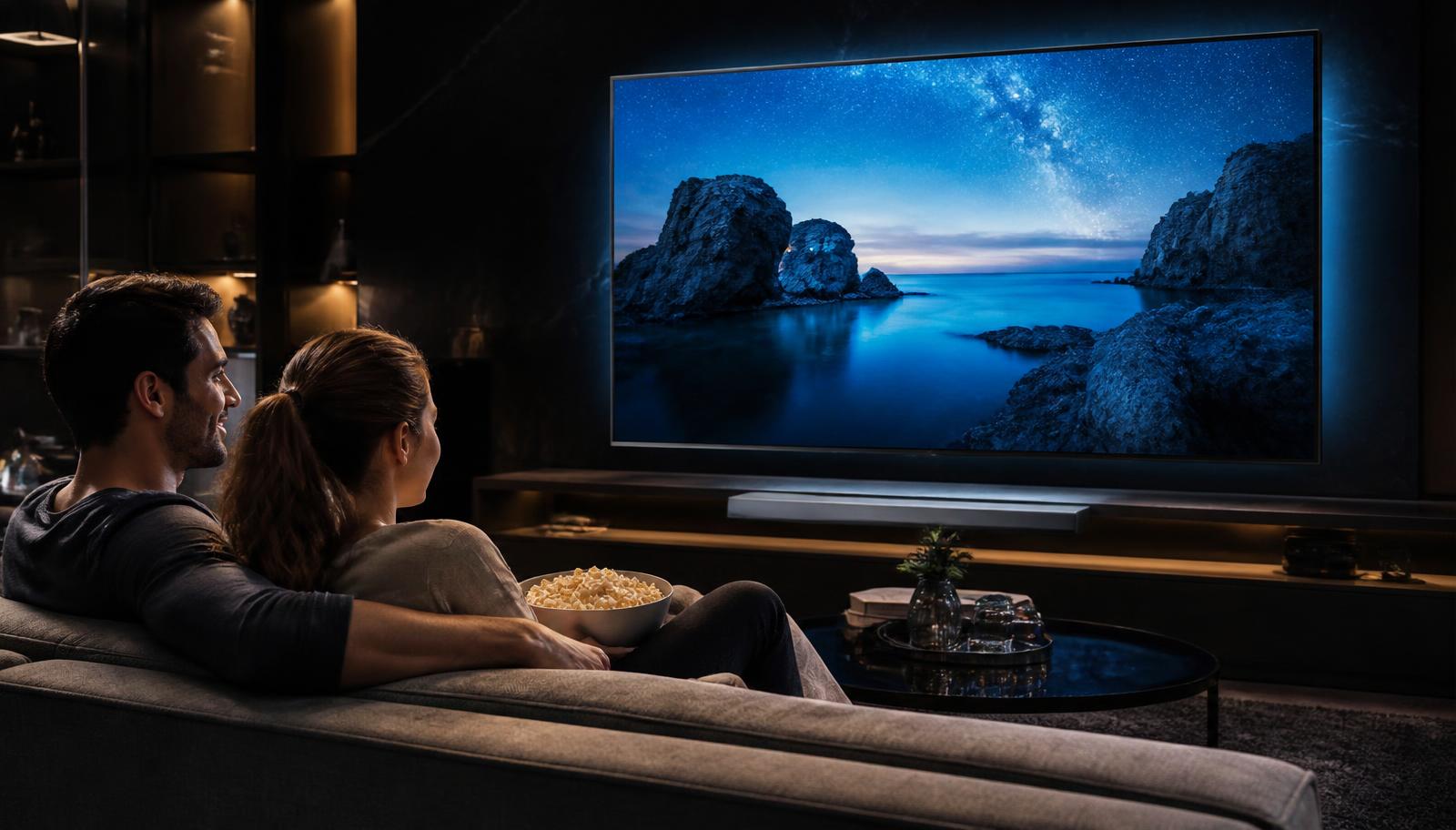 Casal assistindo Max Vision no sofá em uma Smart TV de tela grande